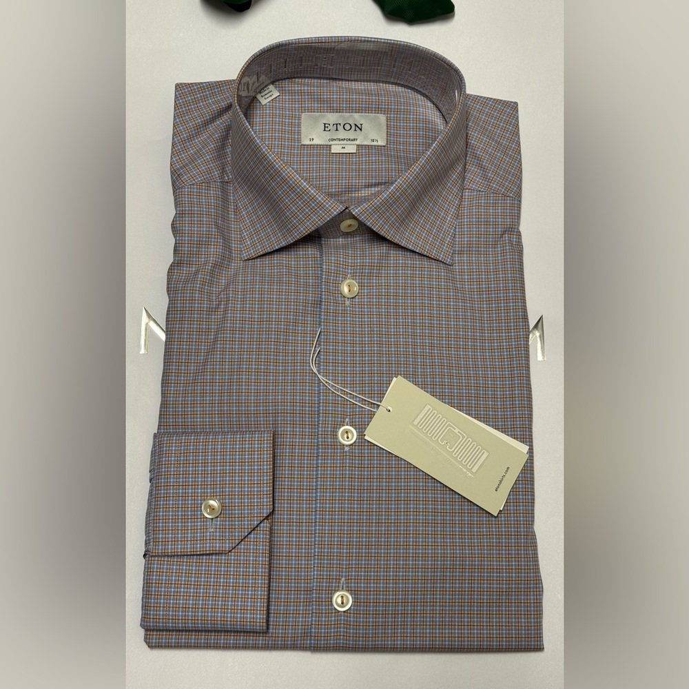 Eton Brown & Blue Micro-Check Cotton Dress Shirt